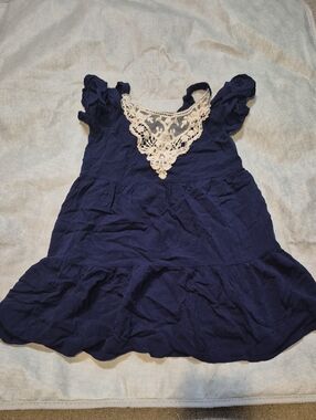 Girls Navy Blue Lace-Trim Tunic Top
